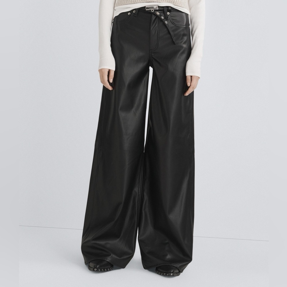 Rag & Bone Sofie Faux Leather Wide Leg High Rise Pants Dark Jeans Womens Size 26 - Picture 2 of 16